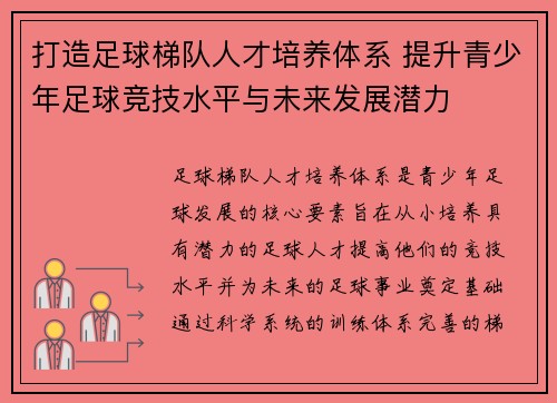 打造足球梯队人才培养体系 提升青少年足球竞技水平与未来发展潜力