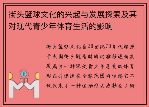 街头篮球文化的兴起与发展探索及其对现代青少年体育生活的影响