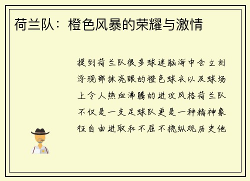 荷兰队：橙色风暴的荣耀与激情