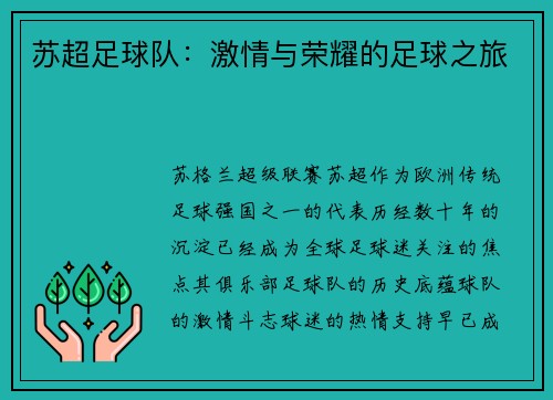 苏超足球队：激情与荣耀的足球之旅