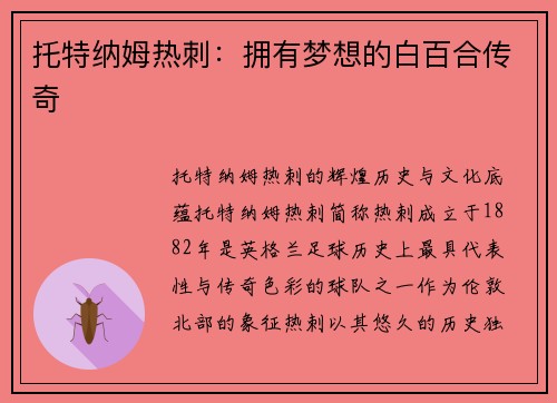 托特纳姆热刺：拥有梦想的白百合传奇